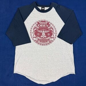OBEY Propaganda Graphic Raglan 3/4 Sleeve Shirt Y2K Heather Gray Navy Size L Men